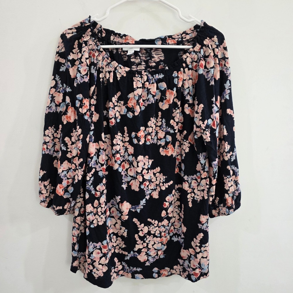 J. Jill Womens Floral Top Size Large Navy Pink 3/4 Sleeve Cotton Modal